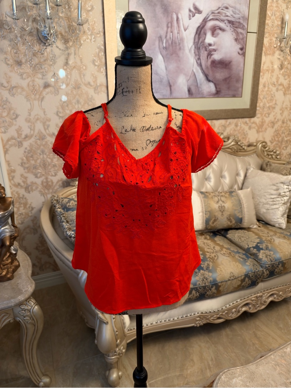 love on a hanger Red Cold-Shoulder Embroidered Women's Top